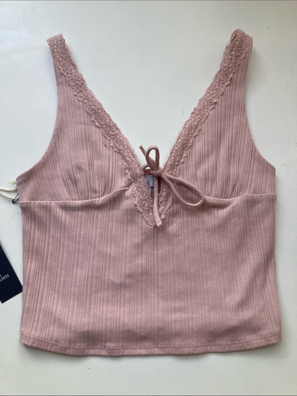 Ribbed Lace-Trim Pink V-Neck Camisole